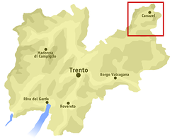 A Fassa-völgy helyzete Trento megye (Trentino) térképén