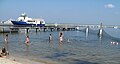 Badestrand und Bootsanleger auf der Buchtseite von Fire Island