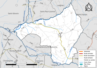 Carte en couleur présentant le réseau hydrographique de la commune