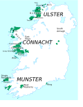 Karta över de irisktalande områdena på Irland. De platser som nämns i denna artikel är utsatta på kartan