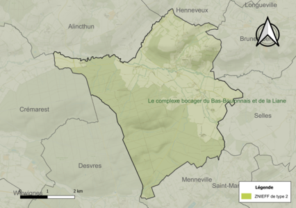 Carte de la ZNIEFF de type 2 sur la commune.