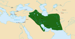 Map centered on the Middle East, the shaded green area represents the extent of the Parthian Empire