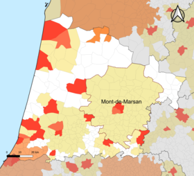 Localisation de l'aire d'attraction de Mont-de-Marsan dans le département des Landes.