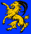 altertümliche, in der Formensprache an heraldische Löwen erinnernde Darstellung: In Blau, ein goldener Bock