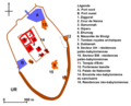 Plan simplifié du site d'Ur ; Les bâtiments figurés dans le quartier sacré, en rouge, correspondent aux périodes d'Ur III et d'Isin-Larsa.