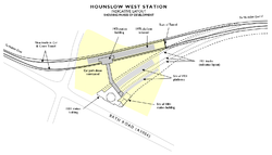 Hounslow West station, with the highlighted perimeter currently occupied by the station car park.