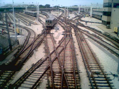 The train tracks at the Howard El station, the end of the Red Line