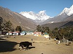 A village in a large mountain valley. In the distance very high snow-covered mountains are visible.