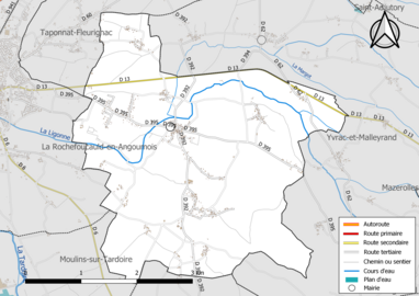 Carte en couleur présentant le réseau hydrographique de la commune