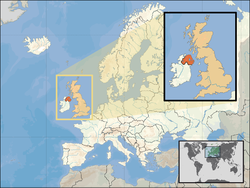  નોર્ધન આયર્લેન્ડ નું સ્થાન  (orange) – in the European continent  (caramel & white) – in the United Kingdom  (caramel)