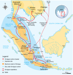 แผนที่ของอาณาจักรศรีวิชัยในช่วงคริสต์ศตวรรษที่ 8-11 ซึ่งเป็นช่วงที่รุ่งเรืองสูงสุด