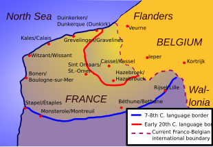 Carte du Westhoek comprenant les frontières linguistiques historiques supposées d'après la présence de toponymes néerlandais