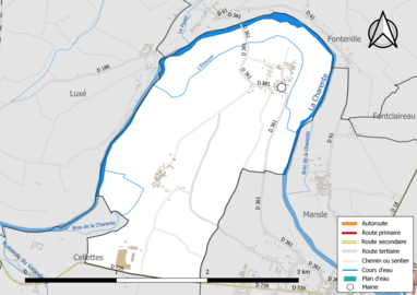 Carte en couleur présentant le réseau hydrographique de la commune