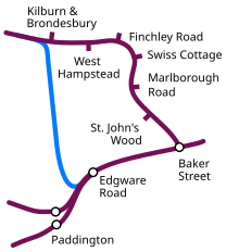 A line is shown at the bottom, from right to left, with stations at Baker Street, Edgware Road and junction before two Paddington stations. From Baker Street a line is shown going north through several stations before turning left. From Edgware Road a line in a contrasting colour is shown, going north bypassing these stations before joining the line from Baker Street just north of Kilburn & Brondesbury.