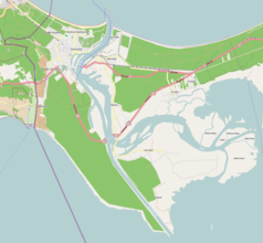 Mapa konturowa Świnoujścia, u góry nieco na lewo znajduje się punkt z opisem „Świnoujście”