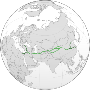 Map of Eurasia with drawn lines for overland routes