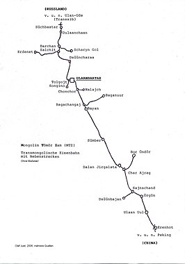 Trans-Mongoolse spoorlijn op de kaart