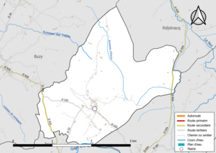 Carte en couleur présentant le réseau hydrographique de la commune