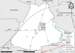 Carte en couleur présentant le réseau hydrographique de la commune