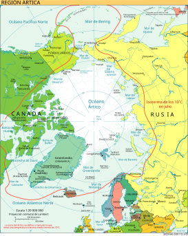 La línea roja indica la isoterma de los 10 °C en julio, usada comúnmente para definir el límite de la región Ártica.
