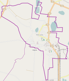 Mapa konturowa Kleczewa, blisko centrum u góry znajduje się punkt z opisem „Stara Synagoga w Kleczewie”