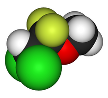 Model pengisian ruang, atau struktur tiga dimensi dari molekul methoxyflurane, berwarna merah, kuning, hijau, hitam dan putih.