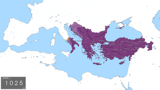 Imperiul Roman de Rasarit in 1025, înainte de moartea lui Vasile al II-lea Bulgaroctonul.