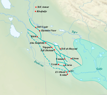 Carte de la Basse Mésopotamie représentant les cours d'eau, le relief et la localisation de plusieurs sites archéologiques.