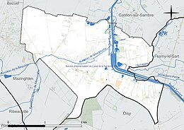 Carte en couleur présentant le réseau hydrographique de la commune