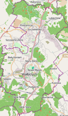 Mapa konturowa Wałbrzycha, w centrum znajduje się punkt z opisem „Specjalistyczny Szpital Ginekologiczno-Położniczy im. Edmunda Biernackiego w Wałbrzychu”