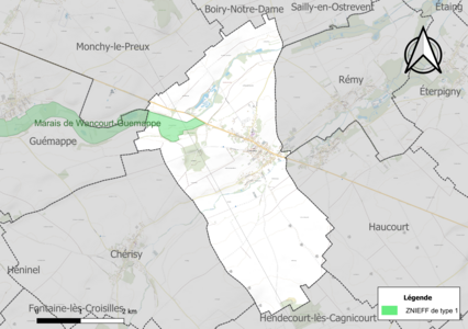 Carte de la ZNIEFF de type 1 sur la commune.