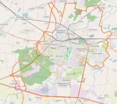 Mapa konturowa Legnicy, w centrum znajduje się punkt z opisem „Park Miejski”