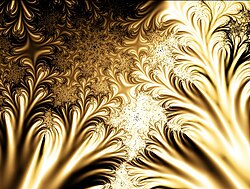 Mandelbrot flames gold.