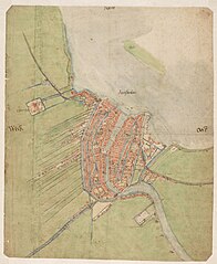 Plattegrond van Amsterdam en omgeving label QS:Len,"Map of Amsterdam and Environs" label QS:Lnl,"Plattegrond van Amsterdam en omgeving" . ca. 1560 date QS:P,+1560-00-00T00:00:00Z/9,P1480,Q5727902 . pen medium QS:P186,Q165447 , penseel en kleur. 43 × 35 cm. Haarlem, Noord-Hollands Archief.