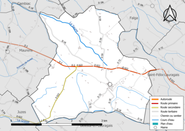 Carte en couleur présentant le réseau hydrographique de la commune