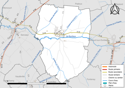 Carte en couleur présentant le réseau hydrographique de la commune