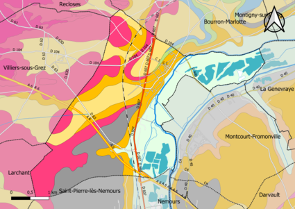 Carte montrant en couleurs le zonage géologique simplifié d'une commune