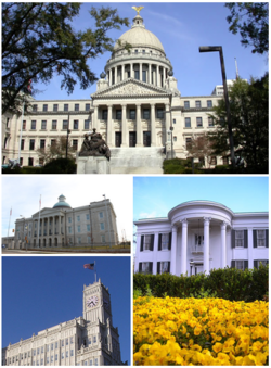 Images top, left to right: کاپیتول ایالت میسیسیپی، Old Mississippi State Capitol, Lamar Life Building, Mississippi Governor's Mansion