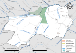 Carte en couleur présentant le réseau hydrographique de la commune