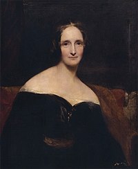 Mary Shelley's portrait by Richard Rothwell, shown at the Royal Academy in 1840, accompanied by lines from Percy Shelley's poem The Revolt of Islam calling her a "child of love and light".[1]