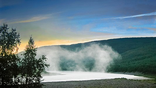 Summer fog in Teno river, Norway-Finland border. Windless conditions, 5° C.