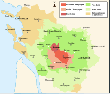 Carte des différentes zones de production du Cognac et du Pineau dans les deux Charentes : Saint-Georges-de-Didonne est en bois ordinaires