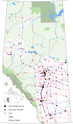 Locations of Alberta's urban municipalities