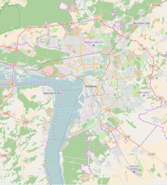 Mapa konturowa Kazania, u góry znajduje się punkt z opisem „Stadion Rubin”