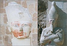 These two statues once resembled each other, however, the symbols of her pharaonic power: the wikipedia:Uraeus, Double Crown, and traditional false beard have been stripped from the left image; many images portraying Hatshepsut were destroyed or vandalized within decades of her death, possibly by Amenhotep II at the end of the reign of Thutmose III, while he was his co-regent, in order to assure his own rise to pharaoh and then, to claim many of her accomplishments as his.