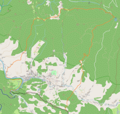 Mapa konturowa Szczawnicy, blisko centrum na dole znajduje się punkt z opisem „Szczawnica, willa „Pałac””