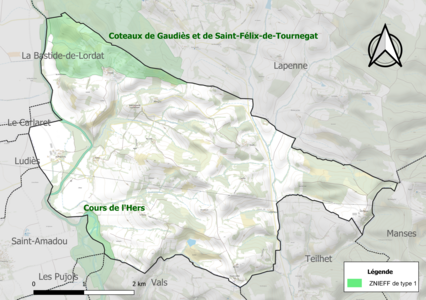 Carte des ZNIEFF de type 1 sur la commune.