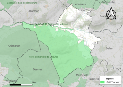 Carte des ZNIEFF de type 1 sur la commune.