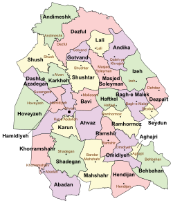 Location of Hoveyzeh County in Khuzestan province (left, green)