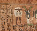 In these scrolls, Medjed is depicted as a dome with eyes, supported by two human-like feet. A few scrolls also portray the deity with a red knotted belt above or below his eyes.[5] The scholars E. A. Wallis Budge, H. Milde, and Mykola Tarasenko have argued that Medjed's dome-like torso is either a shroud or a "shapeless body" that symbolizes the deity's imperceptible nature,[6][7][8] and Cariddi has proposed that Medjed's prominent eyes and legs could signify that he can "see, move and act even though humans cannot perceive him".[9] In contrast, Bernard Bruyère and Terence DuQuesne have contended that Medjed is actually a personification of an oil jar, and that his red "belt" is actually a stylized lid fastener.[9][10][11]